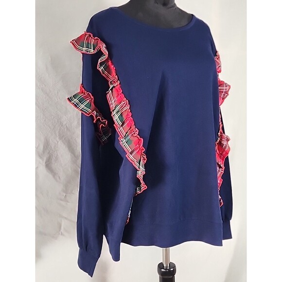 Crown & Ivy Curvy Pullover Plaid Ruffle Blouse Long Sleeve Blue Top Plus Size 2X - Picture 3 of 11